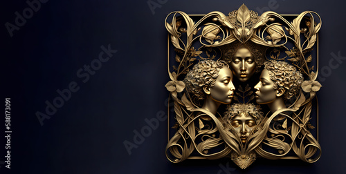 a gold sculpture of female faces with a dark blue background (generative ai)