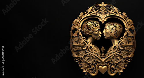 Illustration of a gold sculpture of two female faces with a dark background (generative ai)