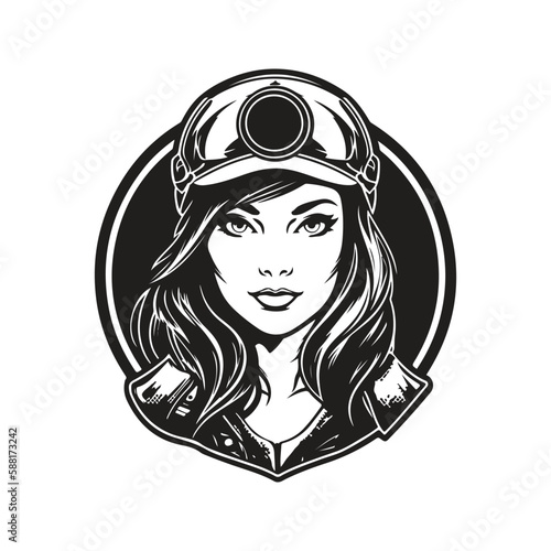 female biker, logo concept black and white color, hand drawn illustration