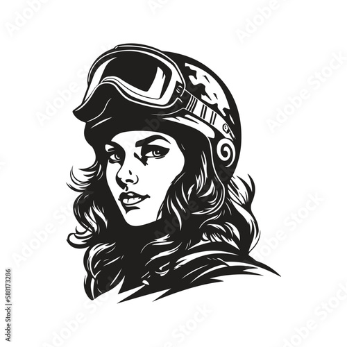 female biker, logo concept black and white color, hand drawn illustration