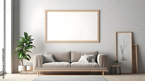 Blank wooden picture frame mockup on wall in modern interior. Horizontal artwork template mock up