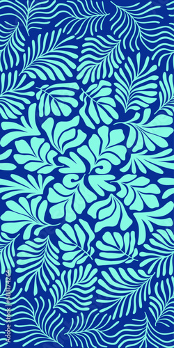 Turquoise blue abstract background with tropical palm leaves in Matisse style. Vector seamless pattern with Scandinavian cut out elements.