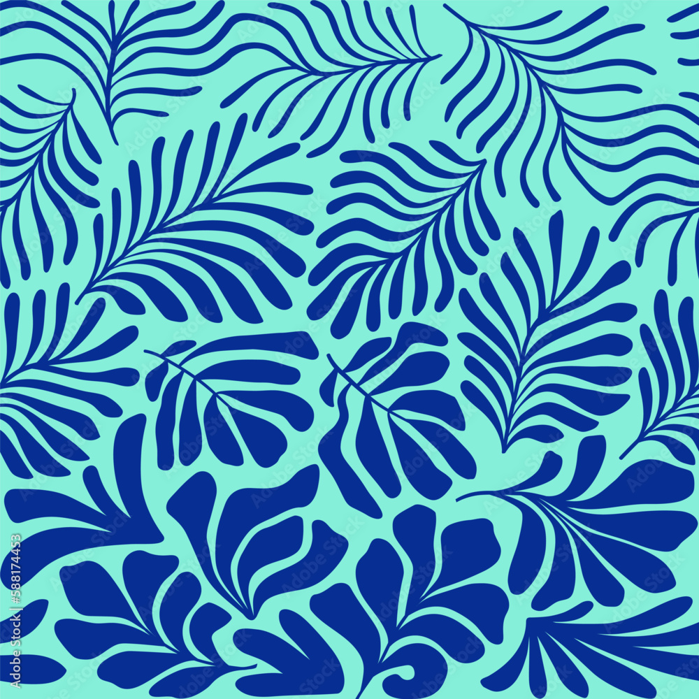 Turquoise blue abstract background with tropical palm leaves in Matisse style. Vector seamless pattern with Scandinavian cut out elements. Turquoise blue abstract background with tropical palm leaves in Matisse style. Vector seamless pattern with Scandinavian cut out elements.