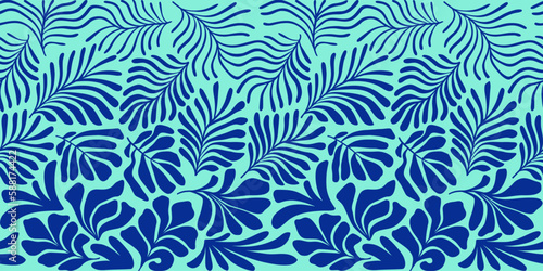 Turquoise blue abstract background with tropical palm leaves in Matisse style. Vector seamless pattern with Scandinavian cut out elements.