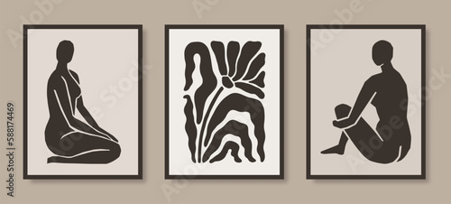 Matisse Inspired Abstract Posters Set with Women's Figure and Flower in Trendy Minimalist Style. Vector Collage