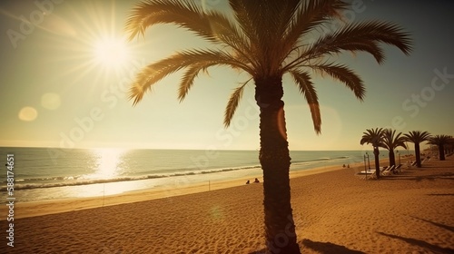 Sunset on the beach with a visible palm tree. created with Generative AI