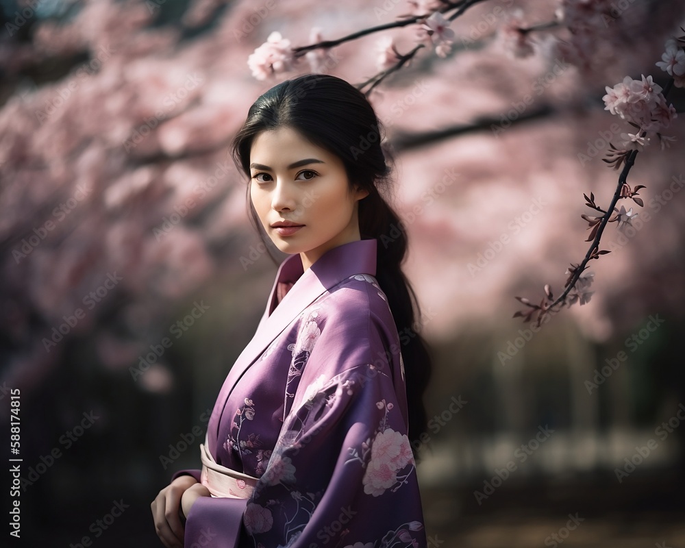 © drixe - Beautiful asian woman with long and straight hair wearing a colorful kimono, looking serious, standing in a background of cherry blossom trees. created with Generative AI