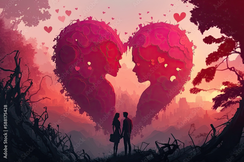 Fototapeta premium two people standing in front of a heart shape love theme background (generative ai)
