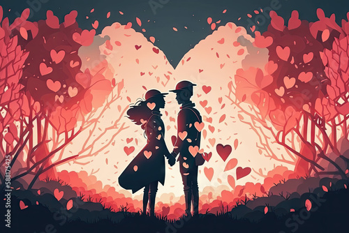 a man and a woman standing in front of a heart shaped forest (generative ai)