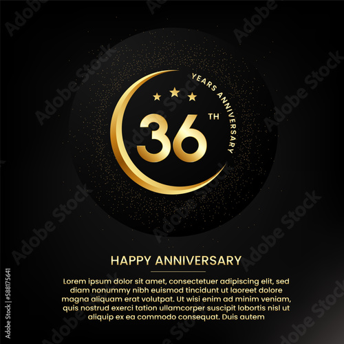 36 years anniversary with a half moon, stars, glitter and editable speech text. Golden half moon anniversary banner template with a golden number