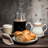 croissant bread with  cup of coffee, elegantly presented 