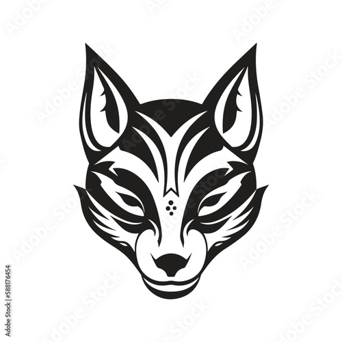 japanese kitsune mask, logo concept black and white color, hand drawn illustration