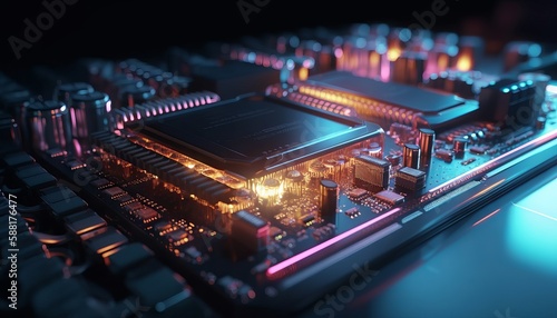 Close up view of a modern GPU card with circuit and colorful lights and details 3D rendering. Generative ai