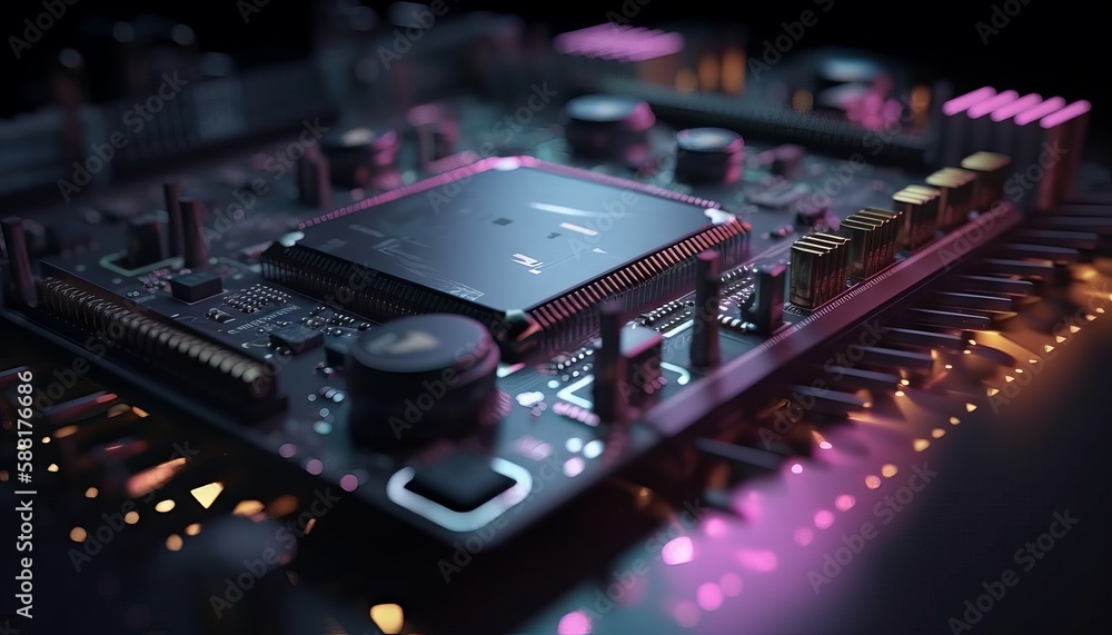 Close up view of a modern GPU card with circuit and colorful lights and details 3D rendering. Generative ai Close up view of a modern GPU card with circuit and colorful lights and details 3D rendering. Generative ai