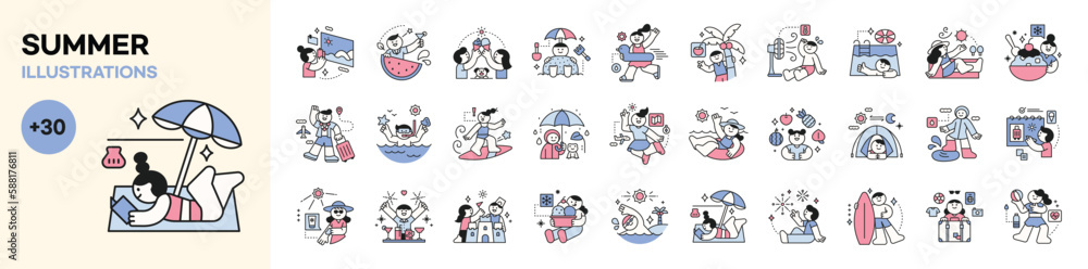 Naklejka premium People enjoying summer. outline character design. Summer vacation sea beach. Hot weather cool food. elaxing holiday. mega set.