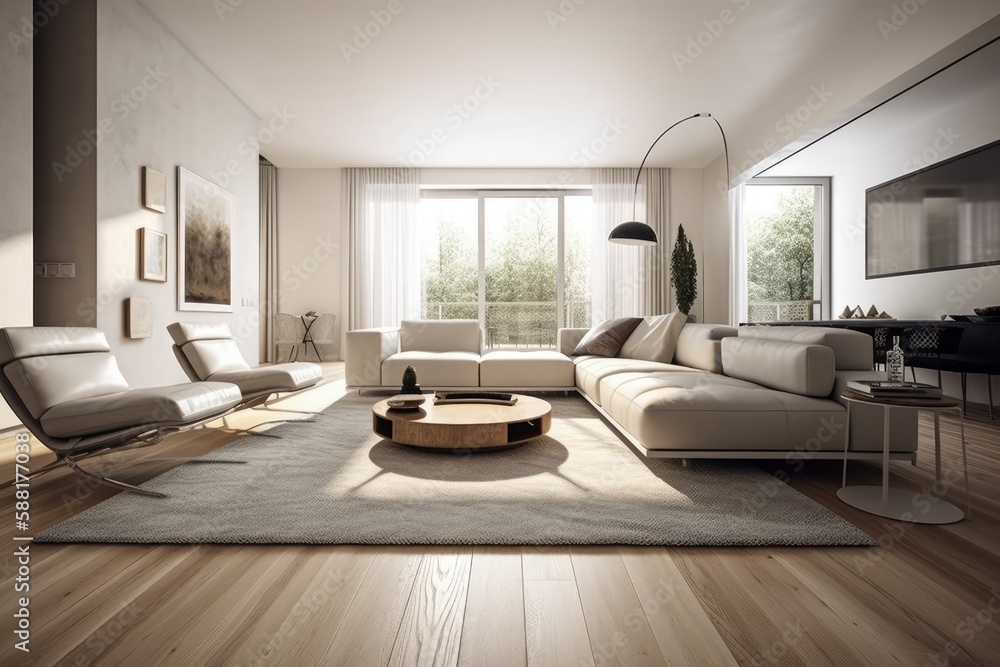 contemporary living room with white furniture and wooden flooring. Generative AI contemporary living room with white furniture and wooden flooring. Generative AI