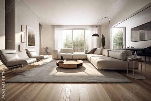 contemporary living room with white furniture and wooden flooring. Generative AI