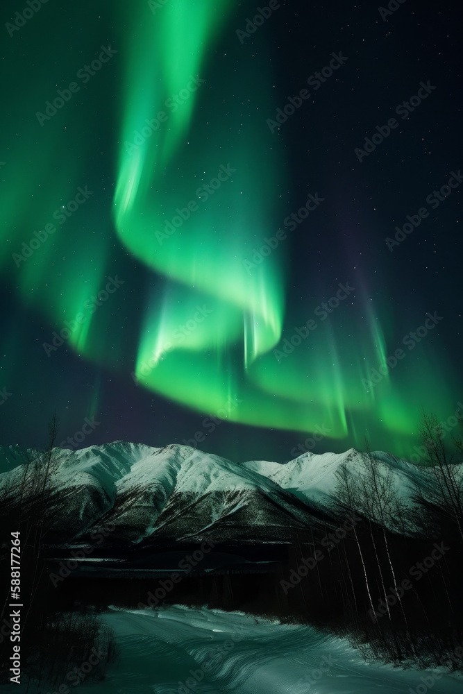  view of the northern lights at night time, seen in Alaska