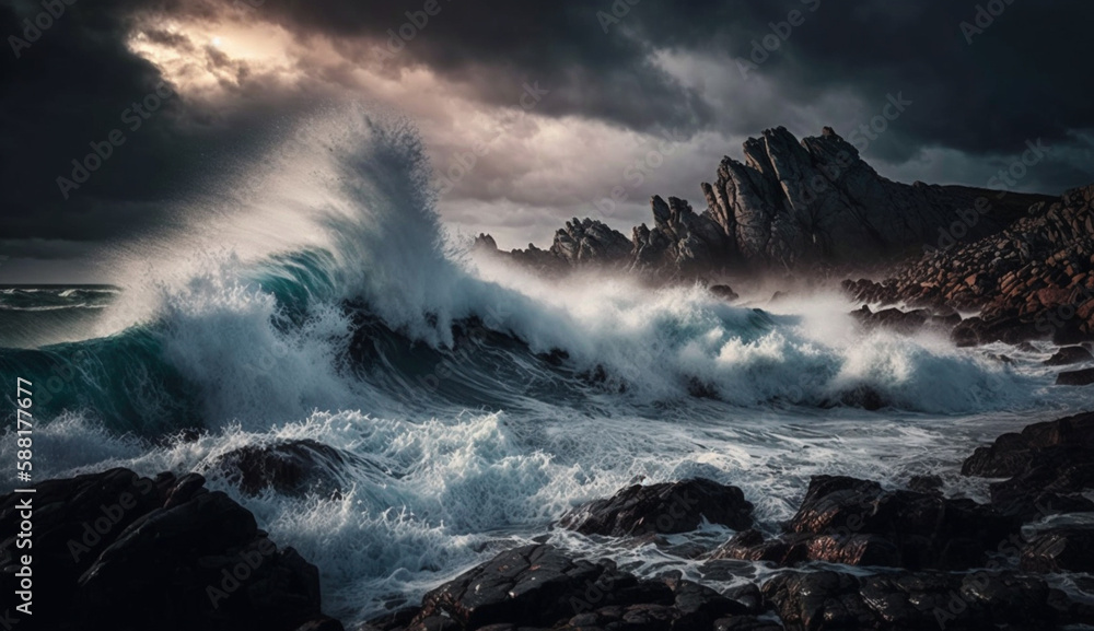 A majestic coastline rough waves breaking at sunset generated by AI A majestic coastline rough waves breaking at sunset generated by AI