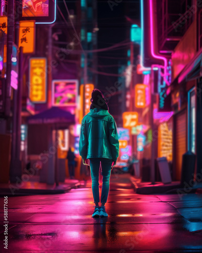 A woman stands in a dark street with neon signs in the background
