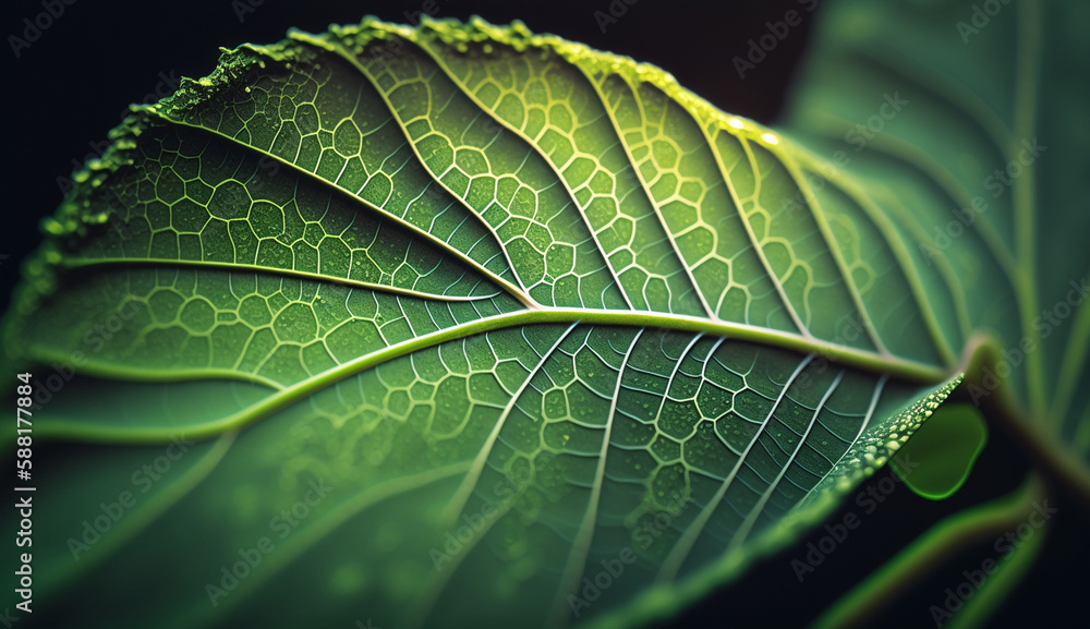 A fresh green leaf with water droplets generated by AI A fresh green leaf with water droplets generated by AI