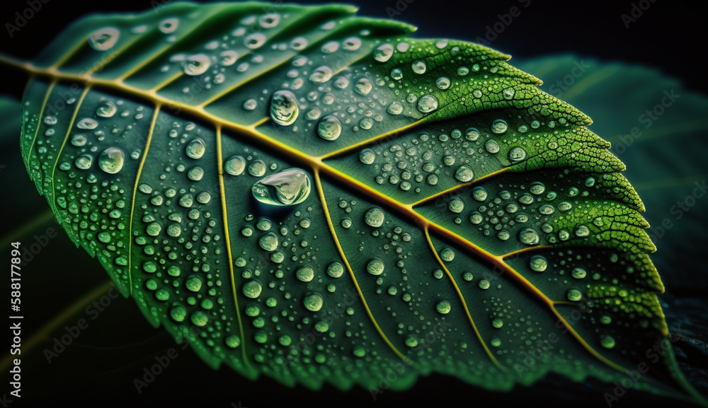 Fresh green leaf with dew drops close up generated by AI Fresh green leaf with dew drops close up generated by AI