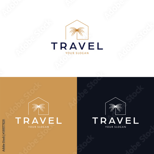 Travel logo design. House and palm abstract vector logotype. Vacation real estate logo template.