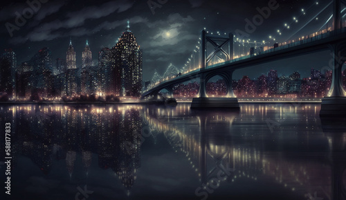 Night cityscape illuminated by bright building exteriors Reflection on water at dusk generated by AI