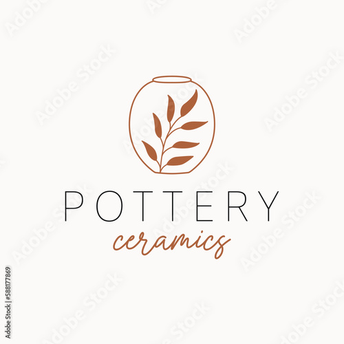 Pottery ceramics logo design. Vase and branch vector logotype. Bohemian pottery logo template.