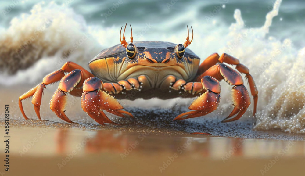Sally Lightfoot crab on sandy beach by water generated by AI - obrazy, fototapety, plakaty 