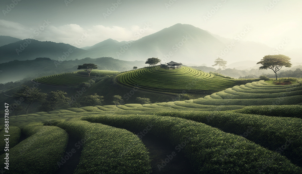 Obraz premium Rural landscape with rice paddies and terraced fields generated by AI