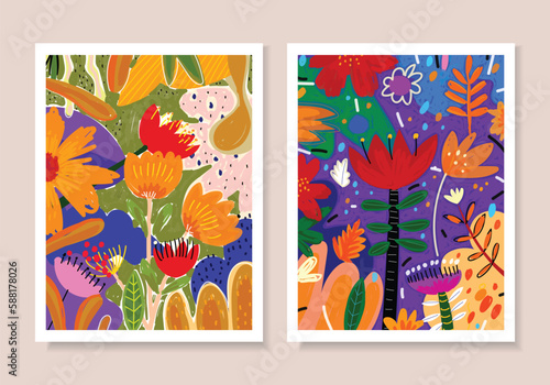 Set of modern exotic floral jungle rough hand drawn vector illustration.