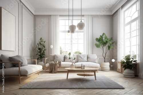cozy living room with plants and furniture. Generative AI © AkuAku