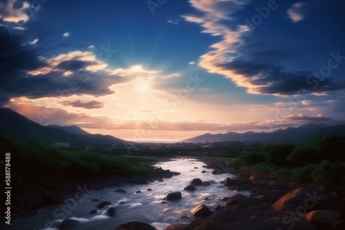 夕日もしくは朝日の中の川辺の風景