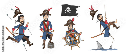 Collection of cartoon pirate, vector illustration isolated on white background