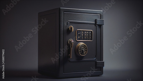 Metal safe box in the closet. Small narrow safe for keeping money or valuables in the hotel. Empty Open safe door