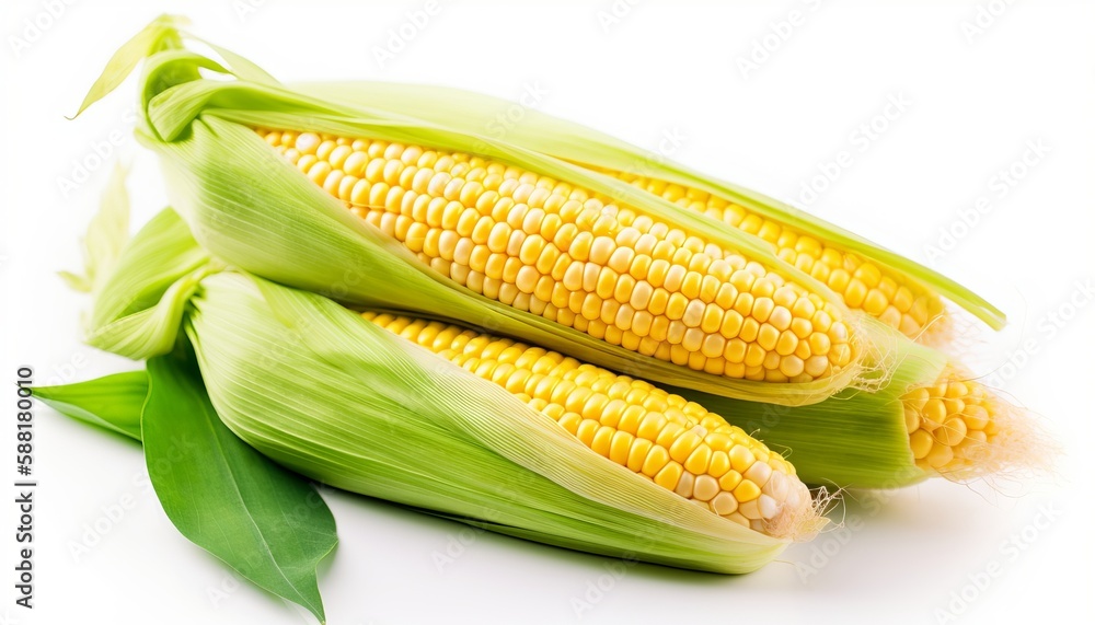 Fresh corn fruits with green leaves isolated on white background. Generative ai Fresh corn fruits with green leaves isolated on white background. Generative ai