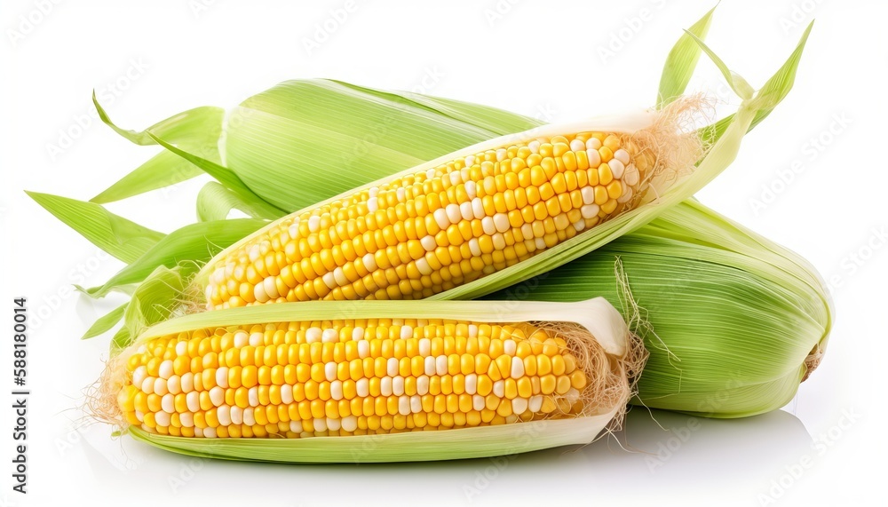 Fresh corn fruits with green leaves isolated on white background. Generative ai Fresh corn fruits with green leaves isolated on white background. Generative ai