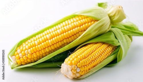 Fresh corn fruits with green leaves isolated on white background. Generative ai