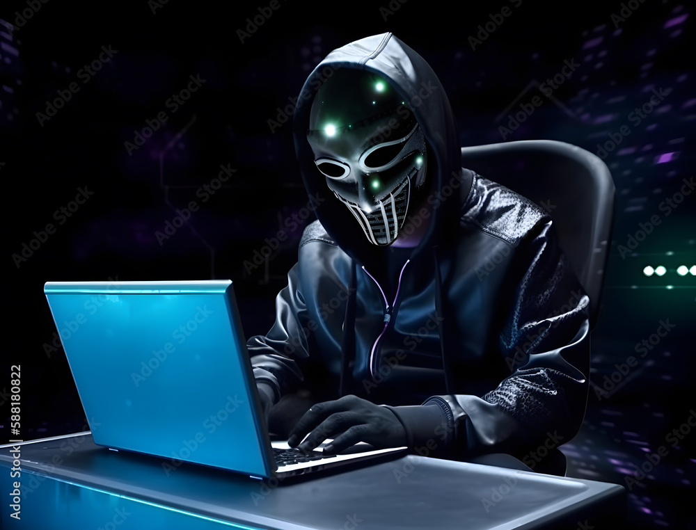 Anonymous robot hacker. Concept of hacking cybersecurity, cybercrime, cyberattack, dark web, etc.