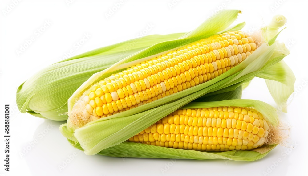 Fresh corn fruits with green leaves isolated on white background. Generative ai Fresh corn fruits with green leaves isolated on white background. Generative ai