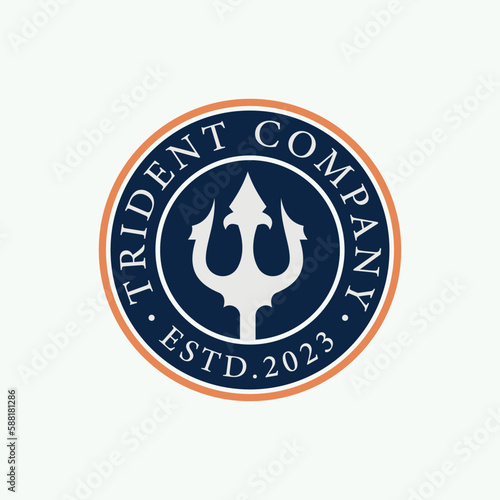 Trident Neptune strength Label logo design vector template