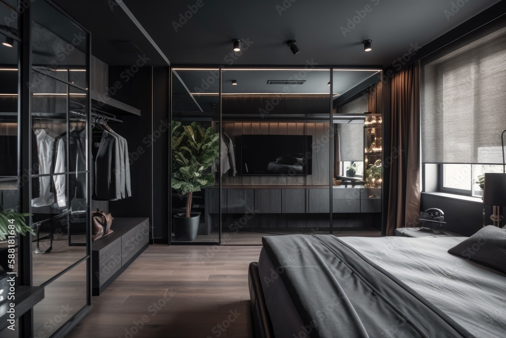 Spacious Bedroom with King-Size Bed and Walk-In Closet. Generative AI Spacious Bedroom with King-Size Bed and Walk-In Closet. Generative AI
