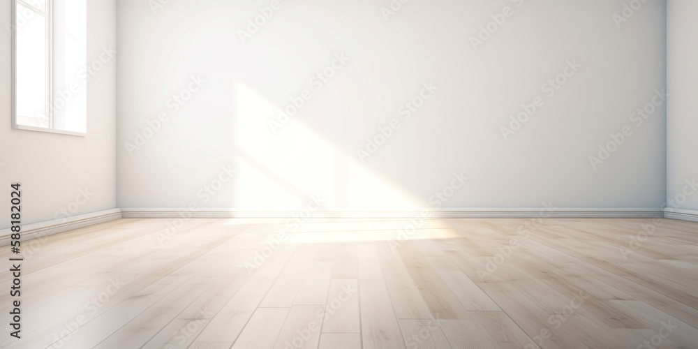 White wall mockup in an empty room with wooden flooring and natural light, Generative AI White wall mockup in an empty room with wooden flooring and natural light, Generative AI