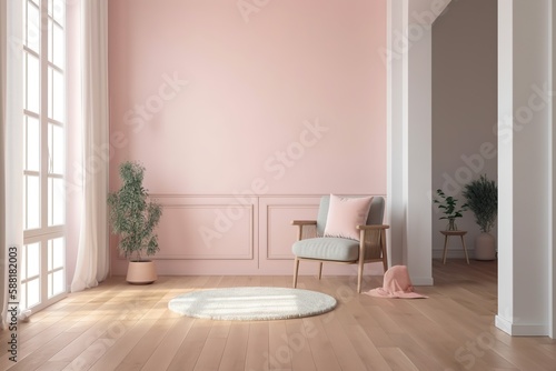 Minimalist empty room with pink walls and armchair on wooden parquet mockup   Generative AI
