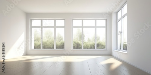 Contemporary house with an empty room and a large window, Generative AI