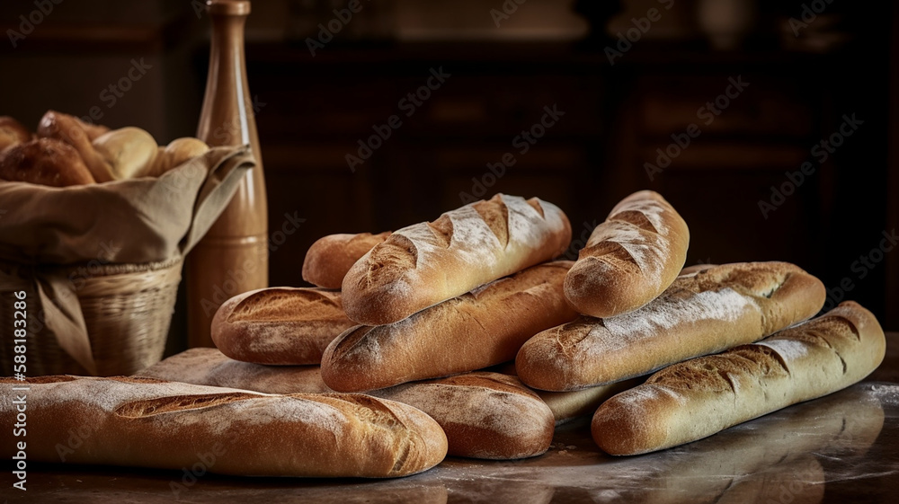 An amazing photo of joy French baguette, food photography, bakery on the table.