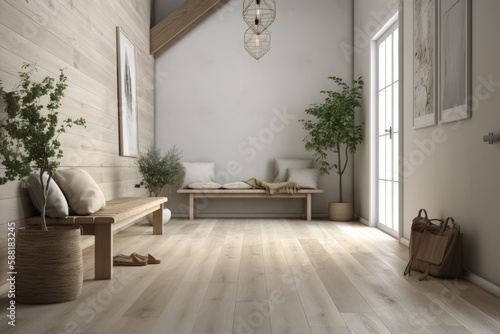 modern living room with hardwood floors and minimalist white walls. Generative AI