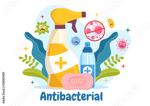 Antibacterial Illustration with Washing Hands, Virus Infection and Microbes Bacterias Control in Hygiene Healthcare Flat Cartoon Hand Drawn Templates