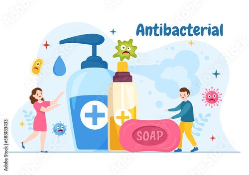 Antibacterial Illustration with Washing Hands, Virus Infection and Microbes Bacterias Control in Hygiene Healthcare Flat Cartoon Hand Drawn Templates